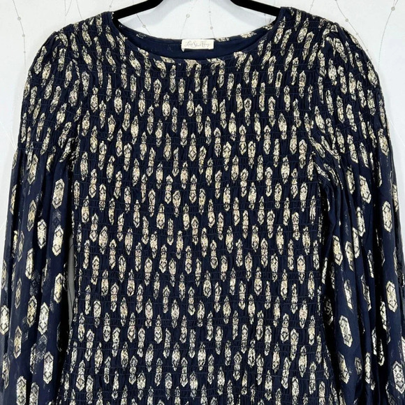 LoveShackFancy Scarlett Dark Navy Gold Smocked Mini Dress $375 - Picture 4 of 10